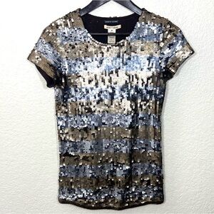 Alice + Olivia for Bergdorf Goodman Sequined Top Striped Silver Gold Size M